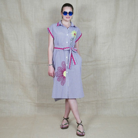 Lalipop Design | Pinstripe Midi Dress With Flower Embroidery