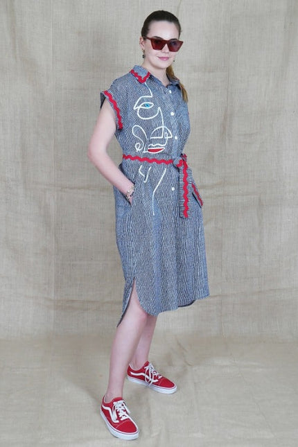 Lalipop Design | Pinstripe Midi Dress With Face Embroidery