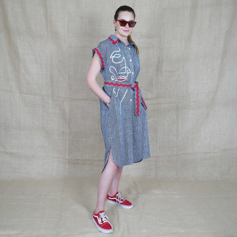 Lalipop Design | Pinstripe Midi Dress With Face Embroidery