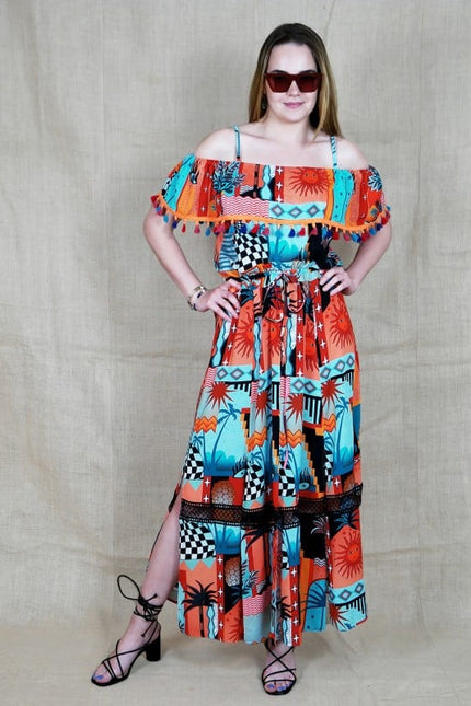Lalipop Design | Off-Shoulder Multi Collar Maxi Dress With Pompon Details