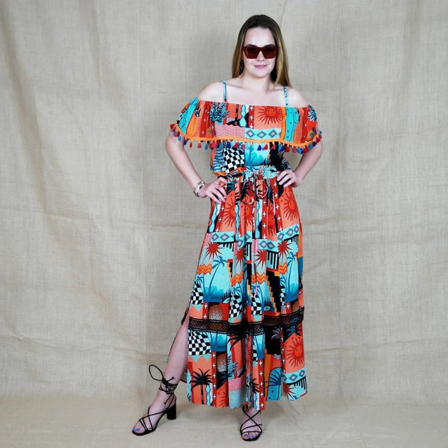 Lalipop Design | Off-Shoulder Multi Collar Maxi Dress With Pompon Details