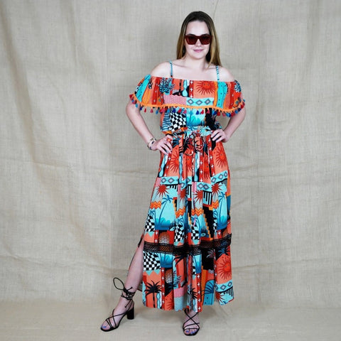 Lalipop Design | Off-Shoulder Multi Collar Maxi Dress With Pompon Details