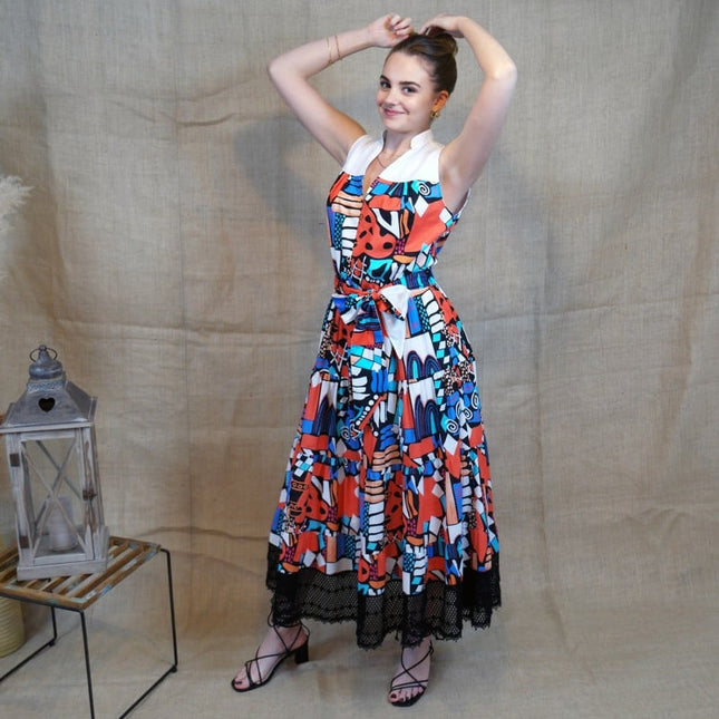 Lalipop Design | Long Sleeveless Voile Midi Dress with Black Embroidery Detail