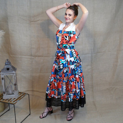 Lalipop Design | Long Sleeveless Voile Midi Dress with Black Embroidery Detail