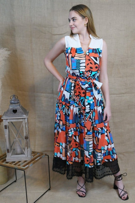 Lalipop Design | Long Sleeveless Voile Midi Dress with Black Embroidery Detail