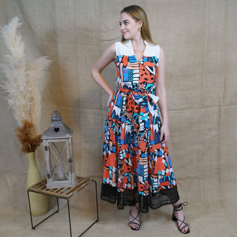 Lalipop Design | Long Sleeveless Voile Midi Dress with Black Embroidery Detail