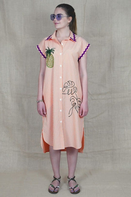 Lalipop Design | Pinstripe Midi Dress With Pineapple Embroidery