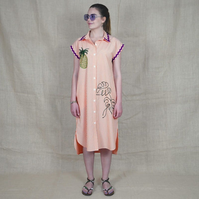 Lalipop Design | Pinstripe Midi Dress With Pineapple Embroidery
