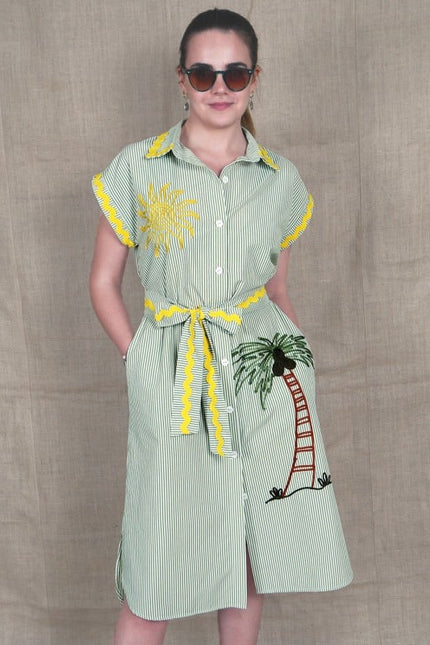 Lalipop Design | Pinstripe Midi Dress With Sun & Palm Tree Embroidery