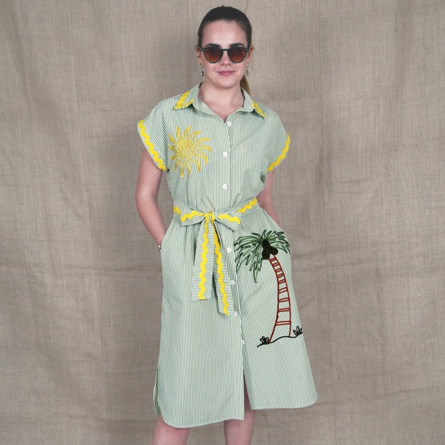 Lalipop Design | Pinstripe Midi Dress With Sun & Palm Tree Embroidery