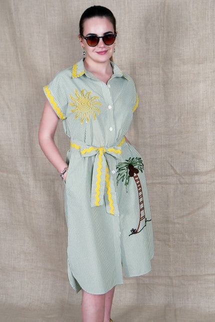 Lalipop Design | Pinstripe Midi Dress With Sun & Palm Tree Embroidery