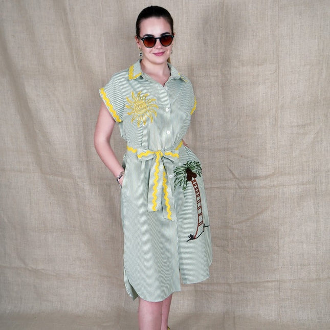 Lalipop Design | Pinstripe Midi Dress With Sun & Palm Tree Embroidery