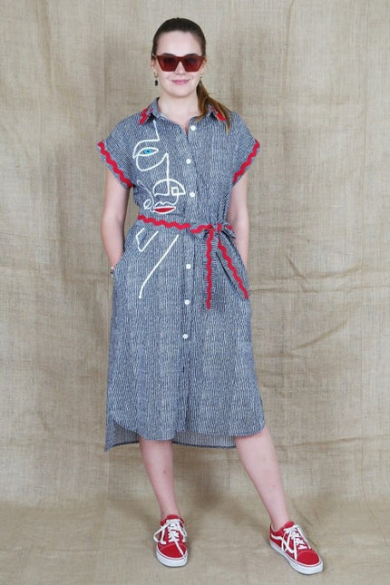 Lalipop Design | Pinstripe Midi Dress With Face Embroidery