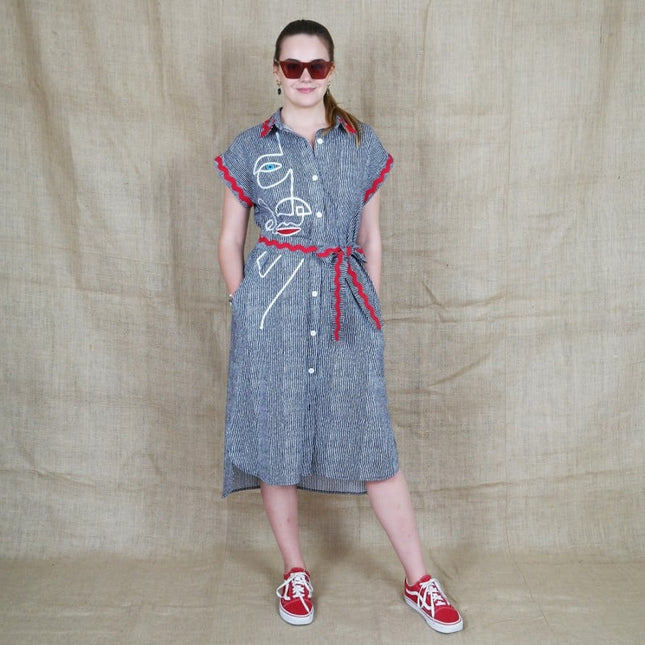 Lalipop Design | Pinstripe Midi Dress With Face Embroidery