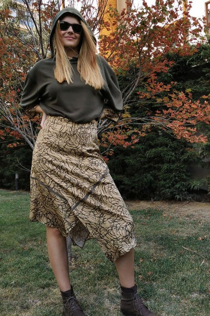 Lalipop Design | Asymmetric Matt Gold Midi Skirt With Khaki Stripes