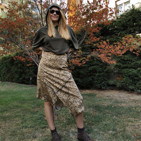 Lalipop Design | Asymmetric Matt Gold Midi Skirt With Khaki Stripes