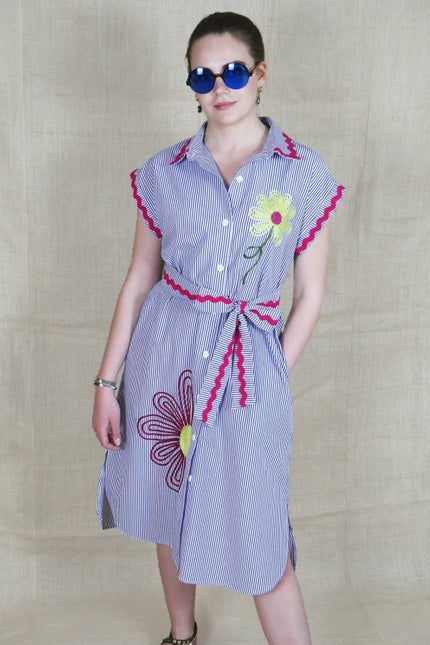 Lalipop Design | Pinstripe Midi Dress With Flower Embroidery