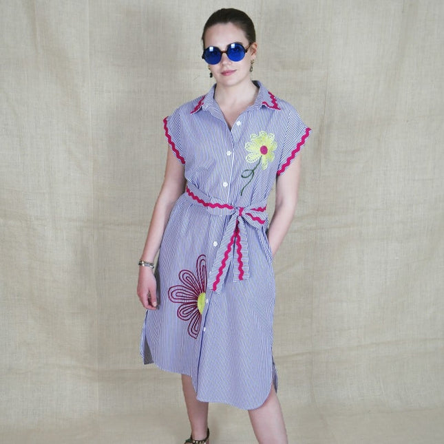 Lalipop Design | Pinstripe Midi Dress With Flower Embroidery