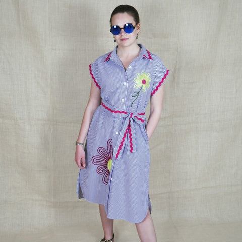 Lalipop Design | Pinstripe Midi Dress With Flower Embroidery