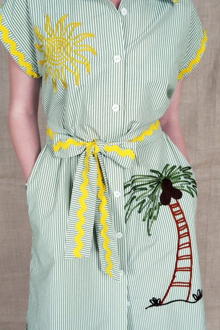 Lalipop Design | Pinstripe Midi Dress With Sun & Palm Tree Embroidery