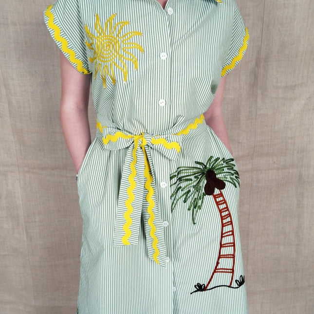 Lalipop Design | Pinstripe Midi Dress With Sun & Palm Tree Embroidery