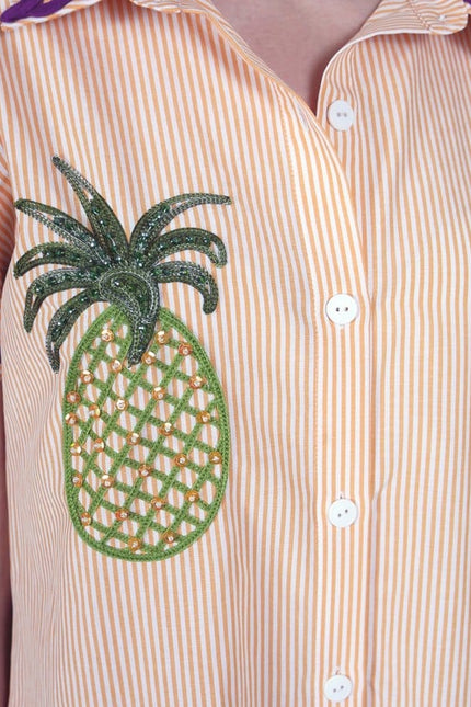 Lalipop Design | Pinstripe Midi Dress With Pineapple Embroidery