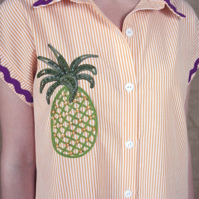 Lalipop Design | Pinstripe Midi Dress With Pineapple Embroidery