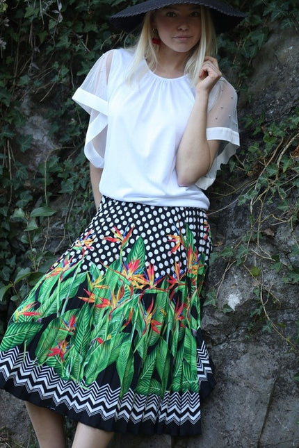 Lalipop Design | Polka Dot & Palm Tree Print Half Circle Pleated Midi Skirt