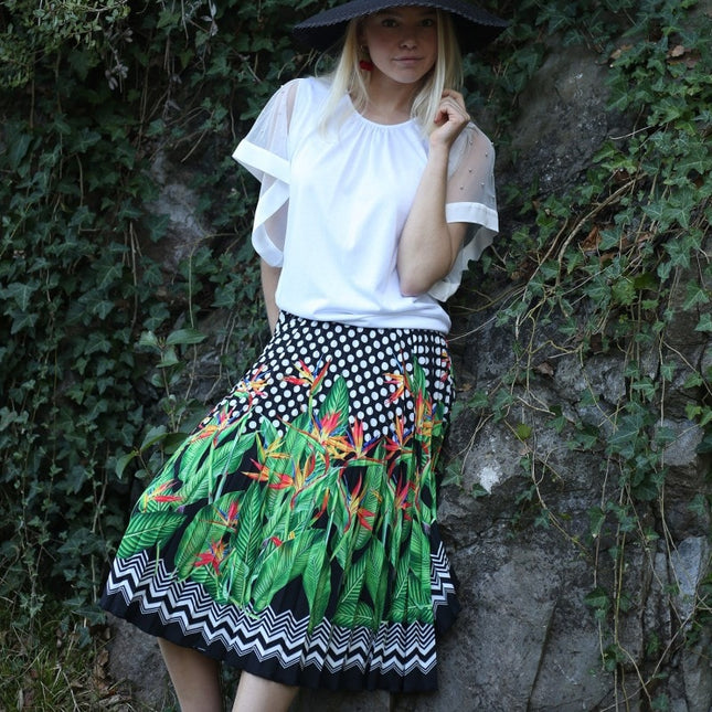 Lalipop Design | Polka Dot & Palm Tree Print Half Circle Pleated Midi Skirt