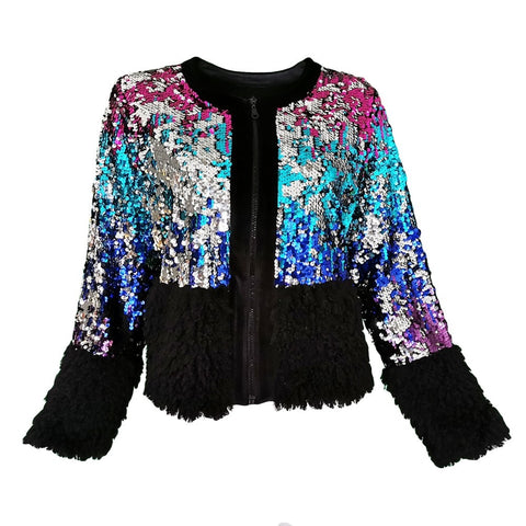 Lalipop Design | Double-Sided Sequined Bomber with Velvet & Faux-Fur Details