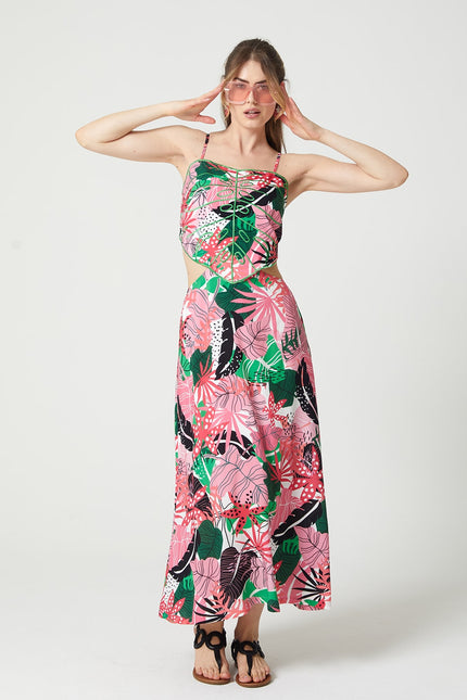 Lalipop Design | Palm-Leaf Embroidered Ribbed Cut-Out Maxi Dress