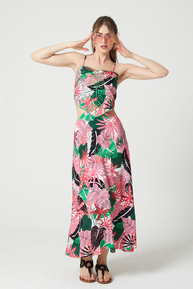 Lalipop Design | Palm-Leaf Embroidered Ribbed Cut-Out Maxi Dress