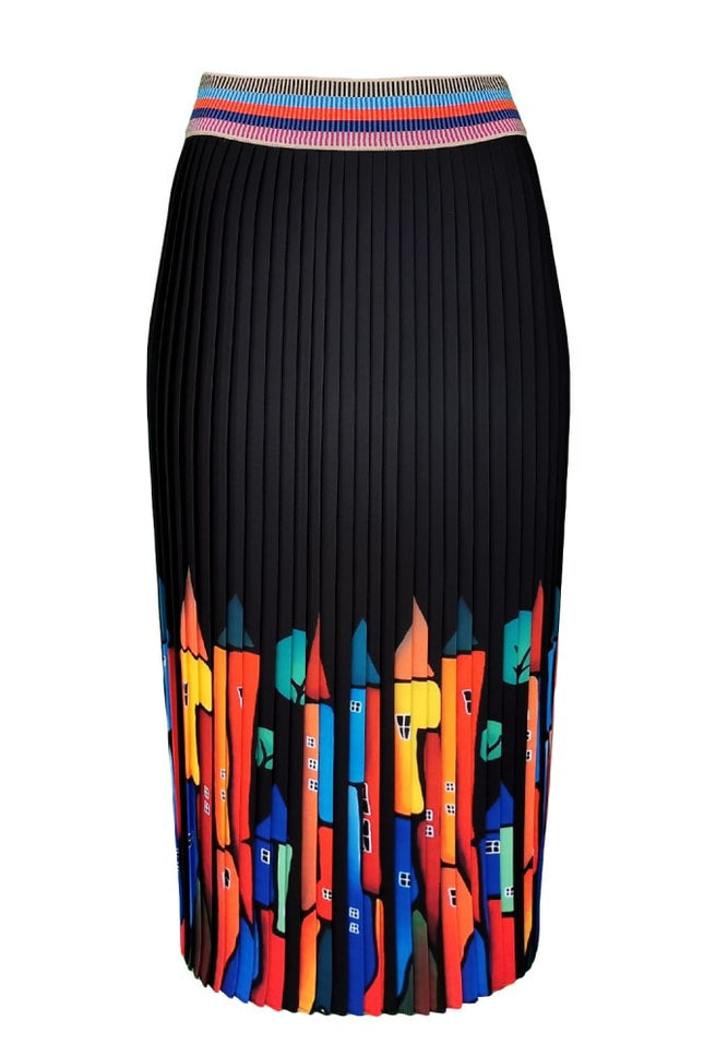 Lalipop Design | Pleated Midi Skirt with Colorful House Prints