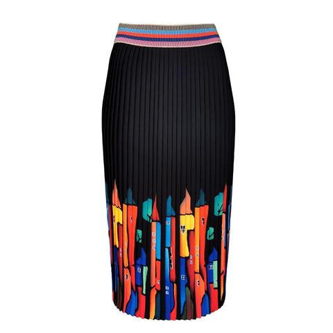 Lalipop Design | Pleated Midi Skirt with Colorful House Prints