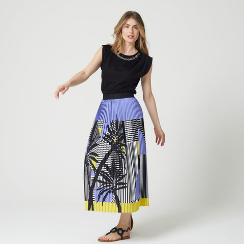 Lalipop Design | Stripe And Palm Print Pleated Recycled Fabric Maxi Skirt