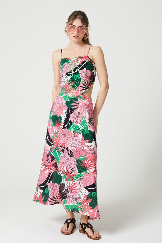 Lalipop Design | Palm-Leaf Embroidered Ribbed Cut-Out Maxi Dress