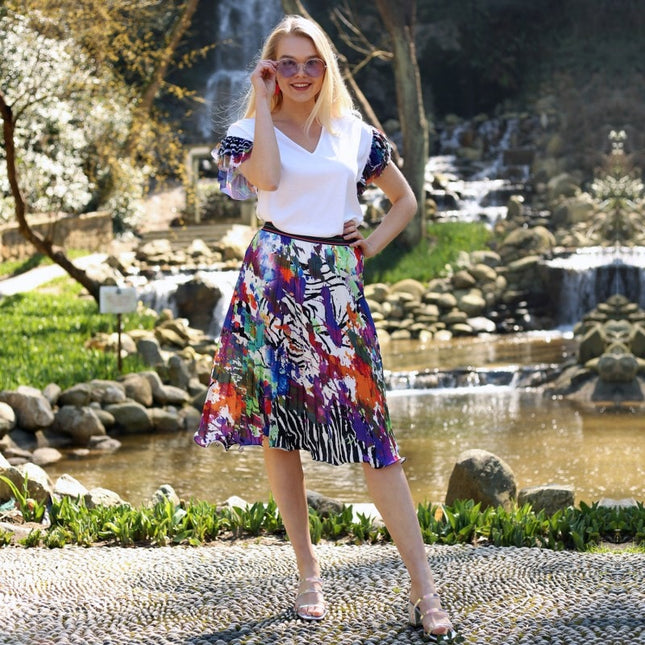 Lalipop Design | Multi-Color Digital Print Pleated Midi Skirt With Wavy Hem