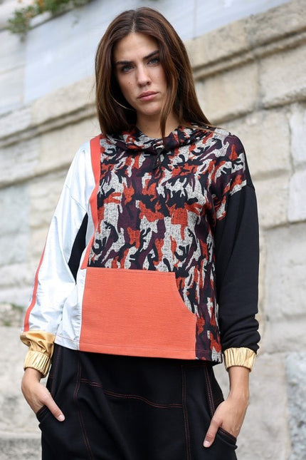 Lalipop Design | Silver & Gold Garnished Sweatshirt with Camo Digital Print