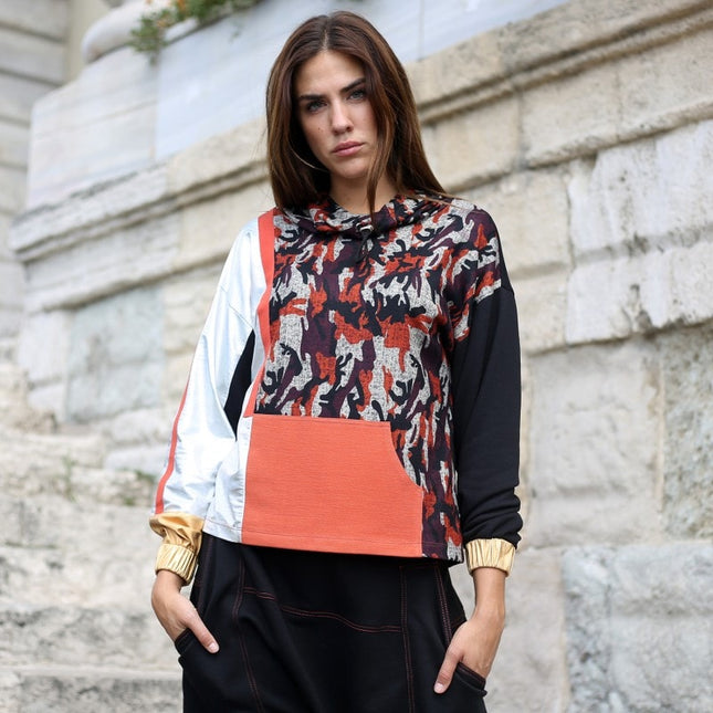 Lalipop Design | Silver & Gold Garnished Sweatshirt with Camo Digital Print