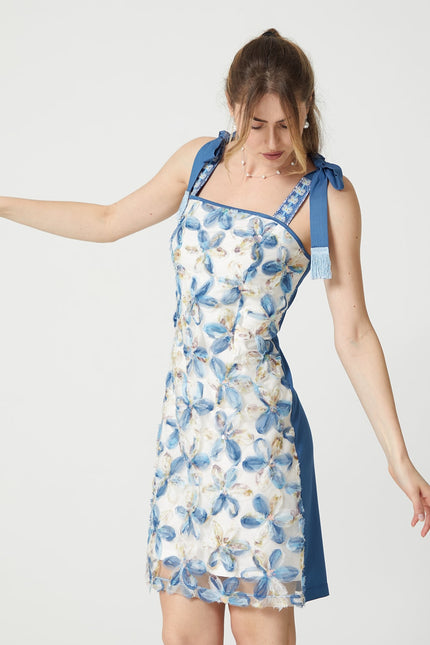 Lalipop Design | Flower Applique Mini Dress with Tieable Straps