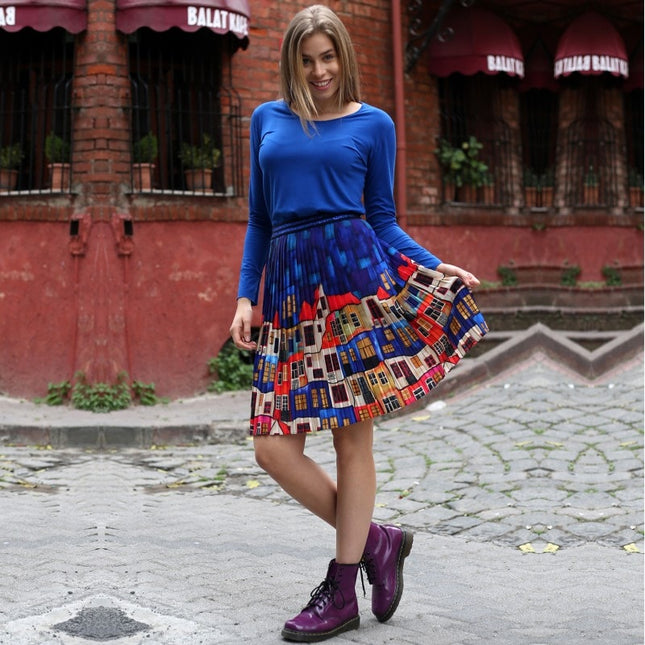 Lalipop Design | Multi-Color Pleated Midi Skirt With House Pattern