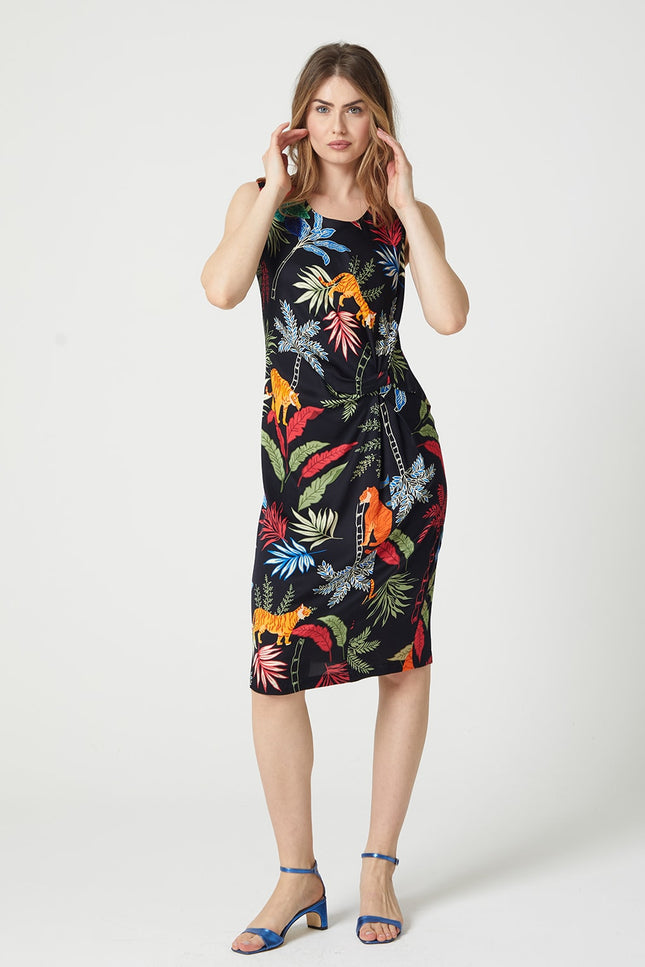 Lalipop Design | Jungle-Print Ecovero™ Satin Gathered-Front Waist Midi Dress