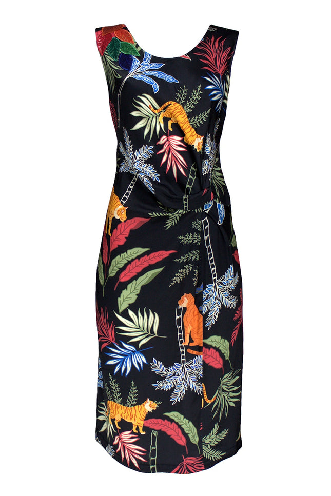 Lalipop Design | Jungle-Print Ecovero™ Satin Gathered-Front Waist Midi Dress