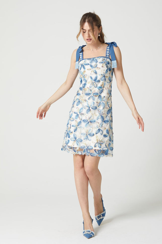 Lalipop Design | Flower Applique Mini Dress with Tieable Straps