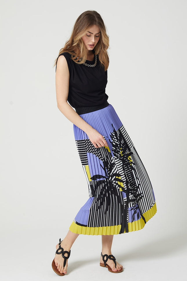Lalipop Design | Stripe And Palm Print Pleated Recycled Fabric Maxi Skirt