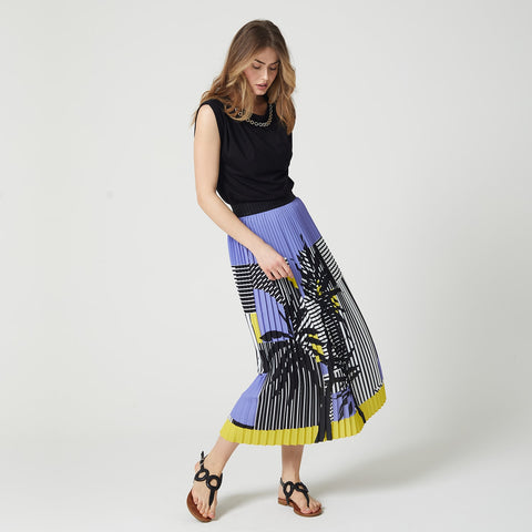Lalipop Design | Stripe And Palm Print Pleated Recycled Fabric Maxi Skirt