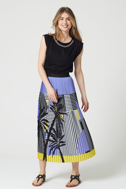 Lalipop Design | Stripe And Palm Print Pleated Recycled Fabric Maxi Skirt
