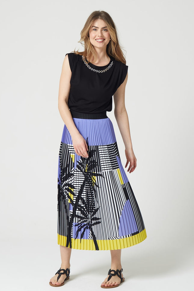 Lalipop Design | Stripe And Palm Print Pleated Recycled Fabric Maxi Skirt
