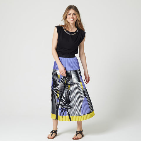 Lalipop Design | Stripe And Palm Print Pleated Recycled Fabric Maxi Skirt