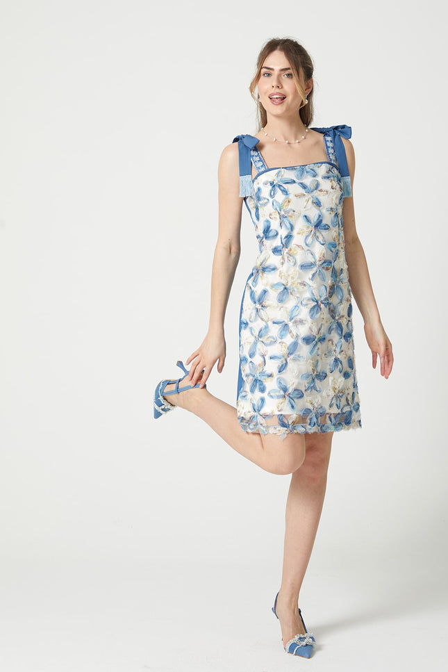 Lalipop Design | Flower Applique Mini Dress with Tieable Straps